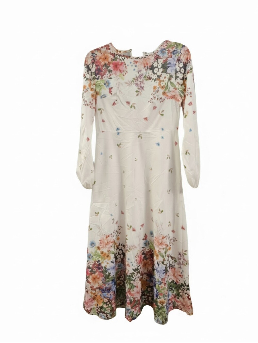 Cottagecore Floral Print Long Sleeve Midi Maxi Dress Cream M